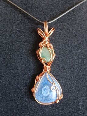 Blue and green agate double stone copper wire wrapped pendant with necklace new